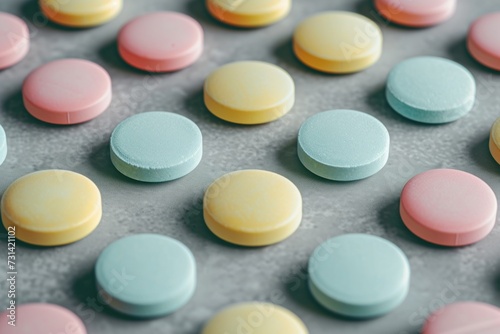 Neat arrangement of pastel-colored pills on a grey background.
