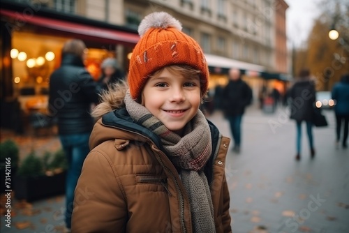 Outdoor portrait of cute little boy in hat and scarf on Christmas market
