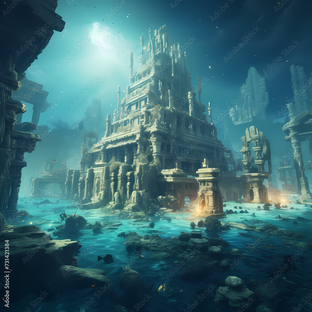 Submerged city with marine life and ruins.