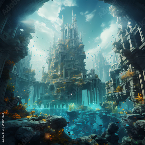 Submerged city with marine life and ruins. © Cao