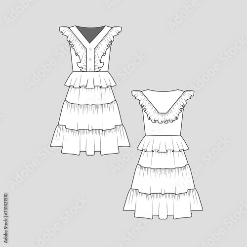 Ruffles peplum Tiered Ruffles Dress V Neck Button Panel Ruffles Fashion Dresses flat sketch technical drawing template design vector