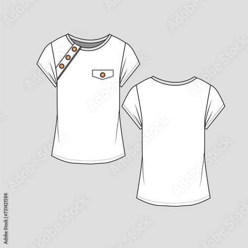 Side Button panel t shirt rib crew neck with metal buttons panel flap pocket button t shirt  top blouse  short sleeve Fashion t shirt top blouse  flat sketch technical drawing template design vector