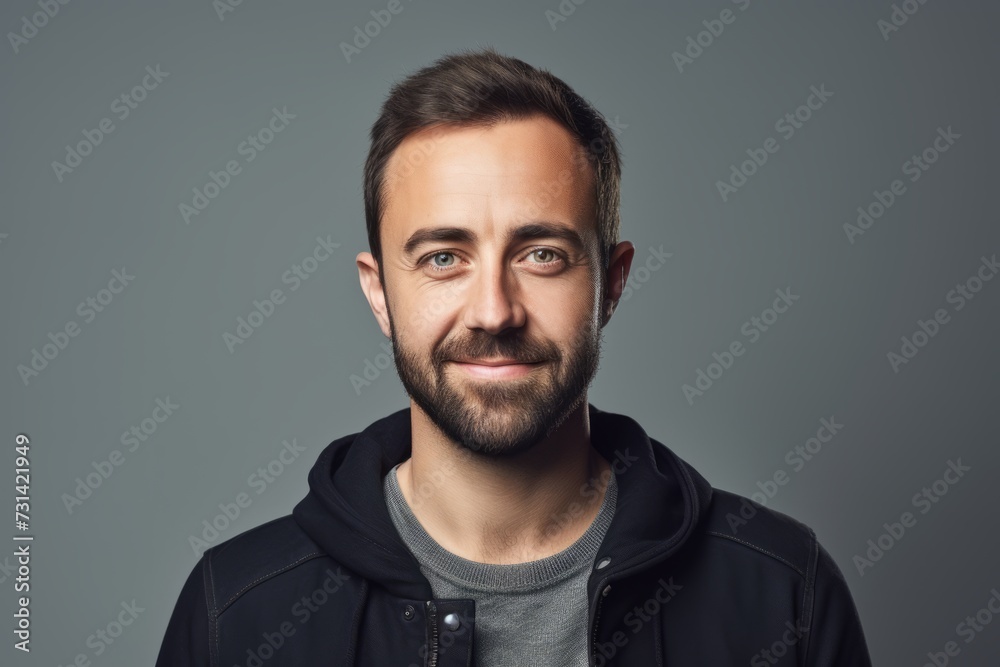 Portrait of a handsome man with beard and mustache over grey background.