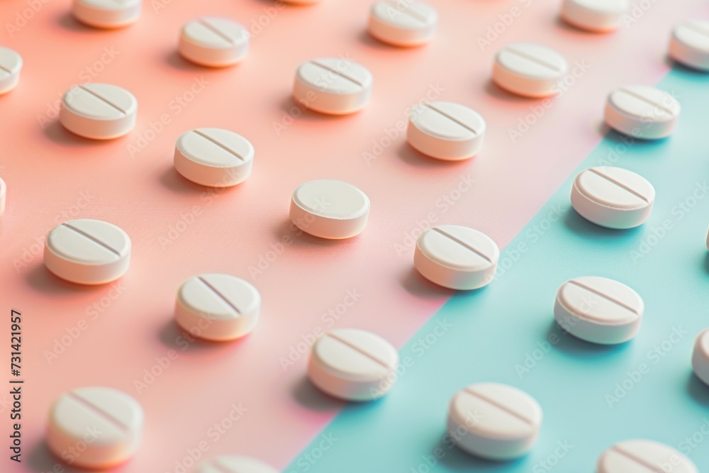 Multiple rows of pink and blue tablets arranged on a blue pink background. Multiple rows of pink and blue tablets arranged on a blue pink background.