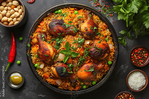 Homemade Arabian chicken kabsa biryani, a traditional Middle Eastern rice dish with flavorful spices and savory chicken, served as a festive meal.