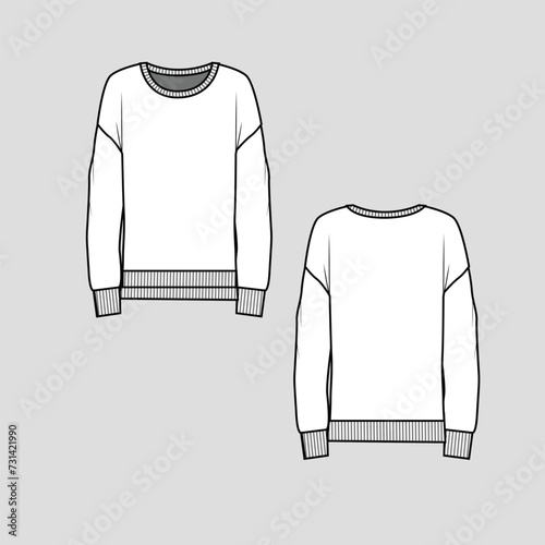 High low Ribbed Hem Sweat shirt Side Slit drop shoulder Crew Neck Long Sleeve Ribbed cuffs  fashion t shirt top blouse  Flat Sketch technical drawing template design vector