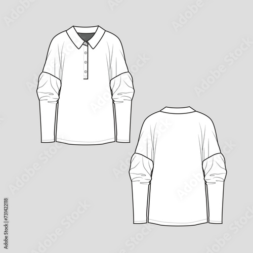 Collar Neck Drop Shoulder t shirt Top elbow balloon long sleeve  Button panel cad Fashion design sketch template Drawing