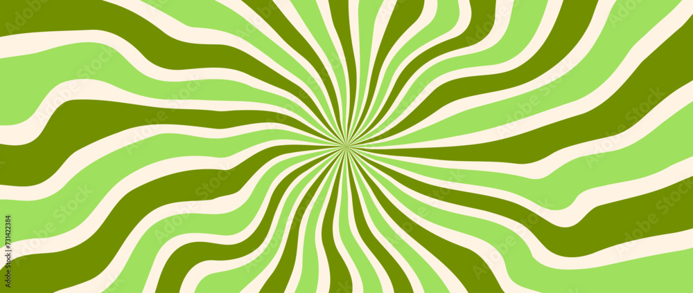 Trippy burst lines background. Psychedelic wavy stripes wallpaper. Green yellow groovy twisted sunburst swirl. Distorted curly wave texture design for poster, banner, cover, print. Vector backdrop
