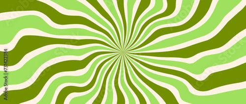 Trippy burst lines background. Psychedelic wavy stripes wallpaper. Green yellow groovy twisted sunburst swirl. Distorted curly wave texture design for poster, banner, cover, print. Vector backdrop