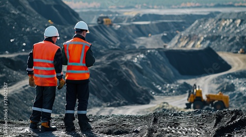 Back view two worker at the quarry on background, coal mining