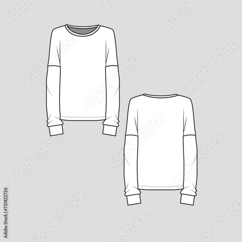 Crew Neck Drop shoulder t shirt long sleeve with cuffs Fashion design drawing cad template