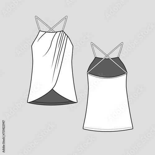 Criss Cross Camisole Top Gathering Fashion flat sketch  template outline drawing