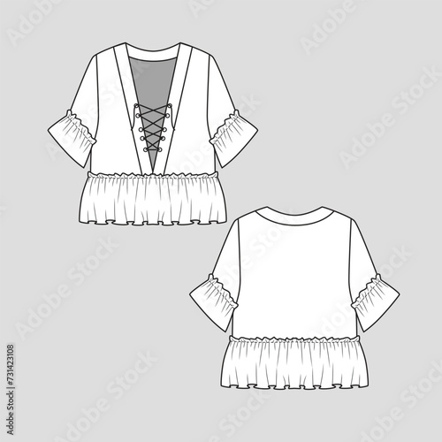 Criss cross lace up gathering ruffles hem Top cad Fashion design outline drawing template