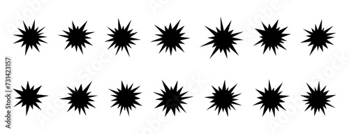 Black bursting star shapes. Set of silhouettes starburst isolated on white background. Abstract vector random geometric illustration star shapes. Black starburst speech bubbles.Black hole silhouettes