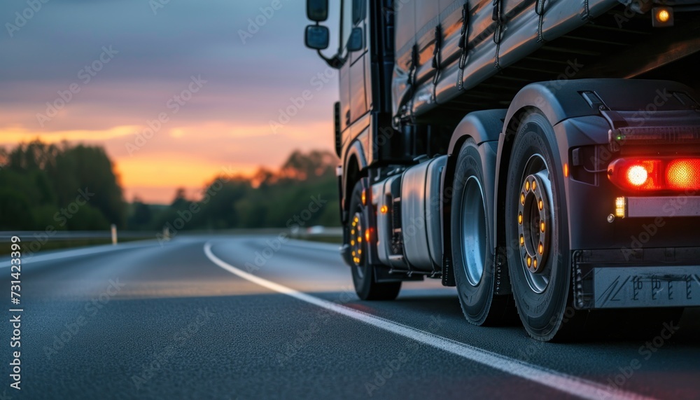 Close-up of a cargo truck on the road. Generative AI. Close-up of a cargo truck on the road. Generative AI.