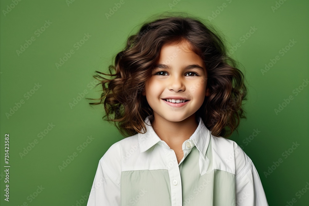 Portrait of a happy smiling little girl with long curly hair over green background Portrait of a happy smiling little girl with long curly hair over green background