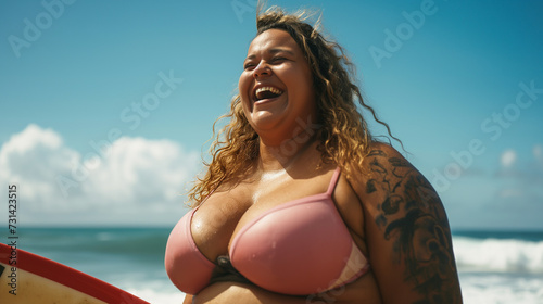 Mulher plus size surfista na praia em um dia ensolarado  photo