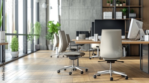 Interior design Office desks with office chairs. Concept of working place. Generative AI.