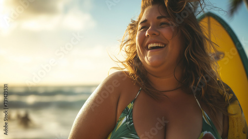 Mulher plus size surfista na praia em um dia ensolarado  photo