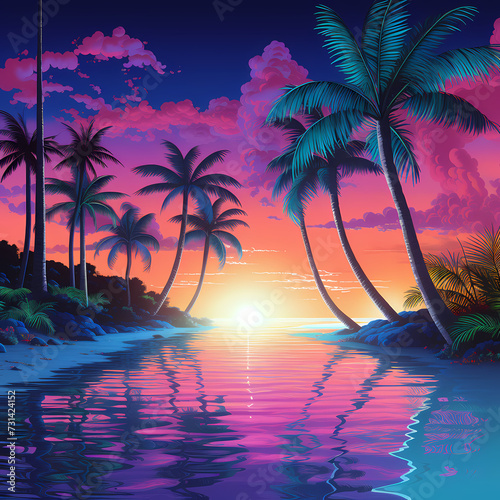 Tropical beach with neon-colored palm trees.