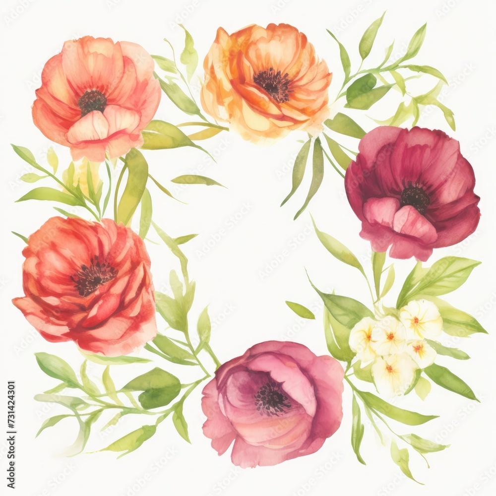 Watercolor flowers frame illustration for greeting card. Generative AI