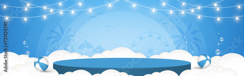 Summer concept Stage podium for product display. Empty podium with cloud, beach balls, light decorative and party beach silhouette on blue background. Abstract background. Vector illustration.