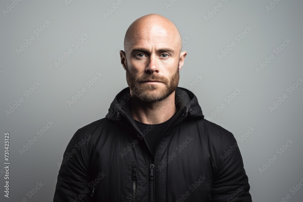 Portrait of a bald man in a black jacket on a gray background