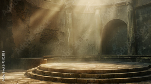 circular stage with sunlight shining through the open space, with a stone stage, and a seat with two columns, Generative AI