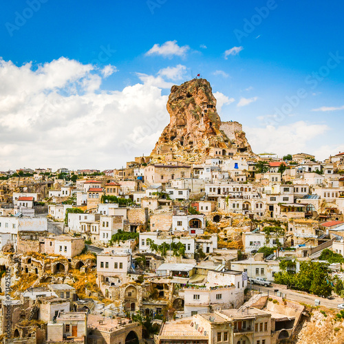 Ortahisar fortress with town panorama in Cappadocia, popular tourist destination