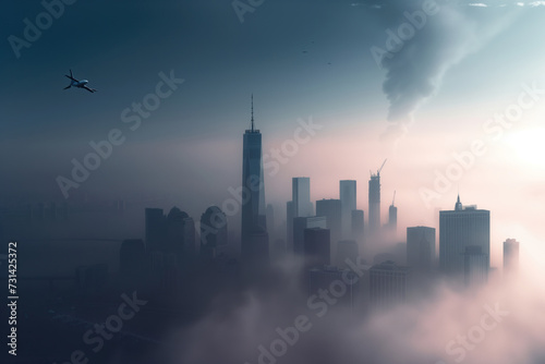 During morning fog in New York City, Manhattan skyline is veiled at mist AI Generative