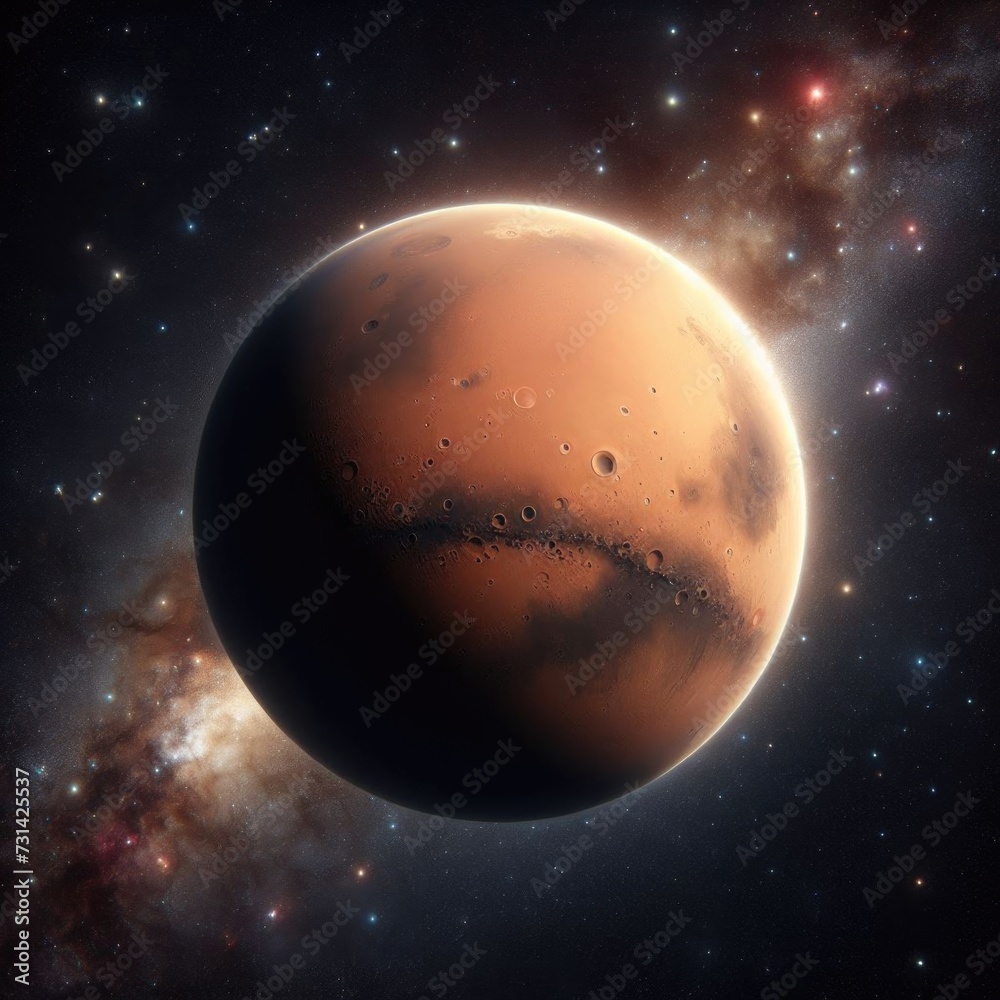 realistic rendering of the planet Mars against a starry backdrop. Mars is prominently featured in the center, showcasing its reddish-brown surface with visible craters and valleys realistic rendering of the planet Mars against a starry backdrop. Mars is prominently featured in the center, showcasing its reddish-brown surface with visible craters and valleys