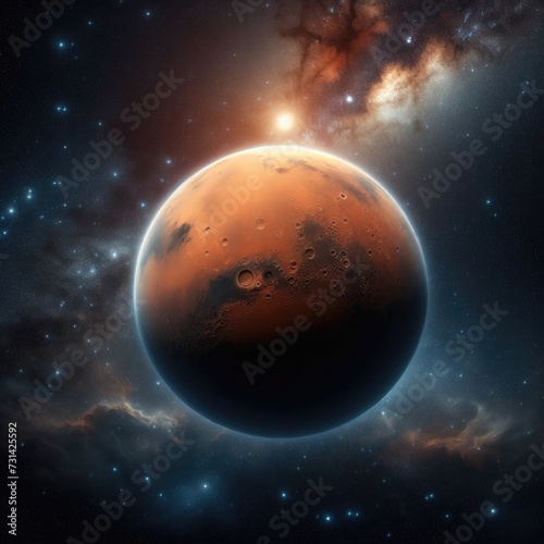 realistic rendering of the planet Mars against a starry backdrop. Mars is prominently featured in the center, showcasing its reddish-brown surface with visible craters and valleys