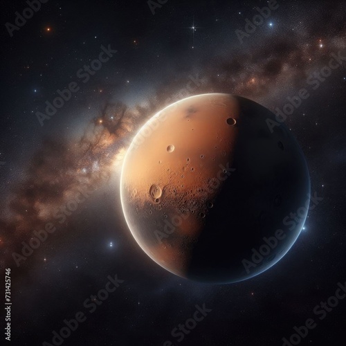 realistic rendering of the planet Mars against a starry backdrop. Mars is prominently featured in the center, showcasing its reddish-brown surface with visible craters and valleys