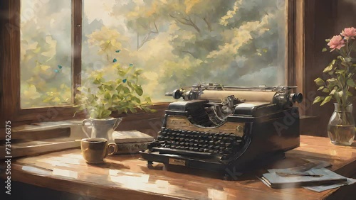 a work room at home with an old typewriter and a cup of coffee on the table. animation with digital painting style, cartoon or Japanese anime. photo