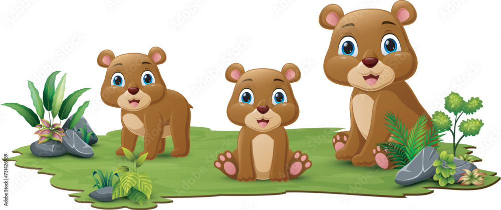 Fototapeta premium Cute family bear cartoon in the grass