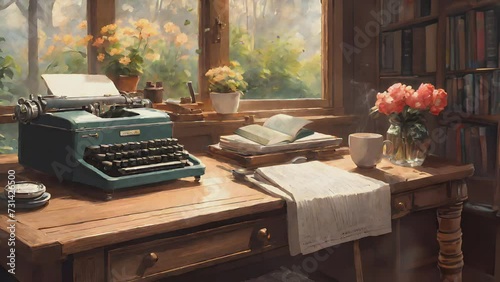 a work room at home with an antique typewriter, books, a cup of coffee on the table. animation with digital painting style, cartoon or Japanese anime. photo
