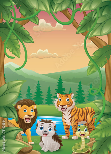 Cute wild animals cartoon in the jungle