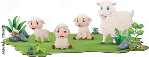 Cute family sheep cartoon in the grass