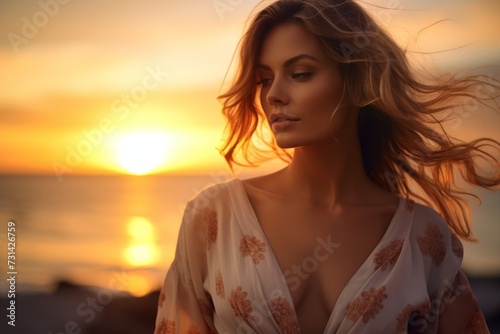 Elegant woman in a trendy cold shoulder blouse relishing a quiet evening on a serene beach under a colorful sunset