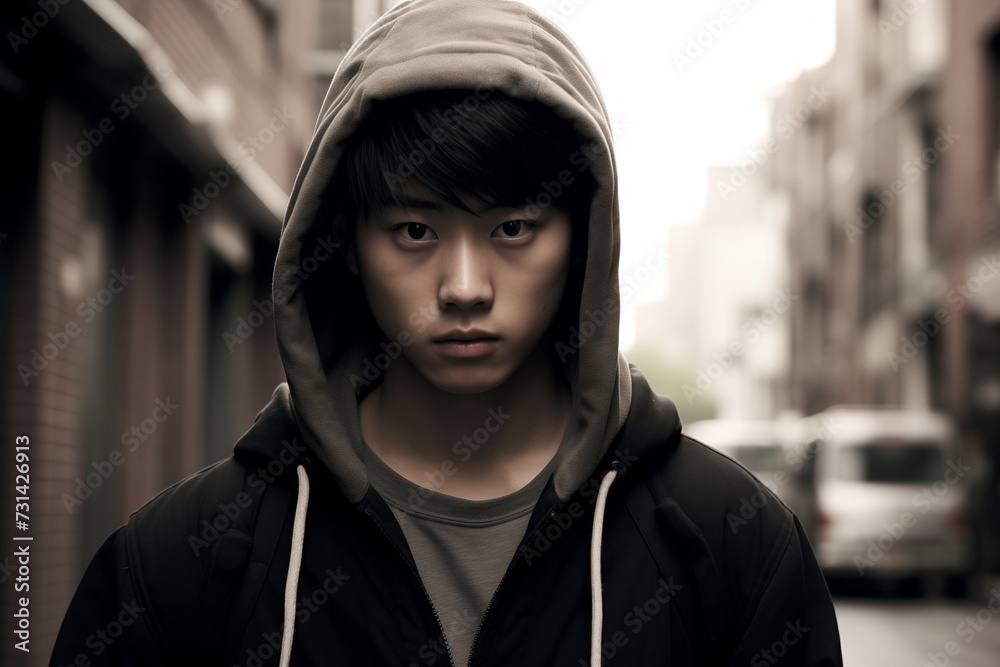 Young juvenile delinquent teenager boy in city serious face