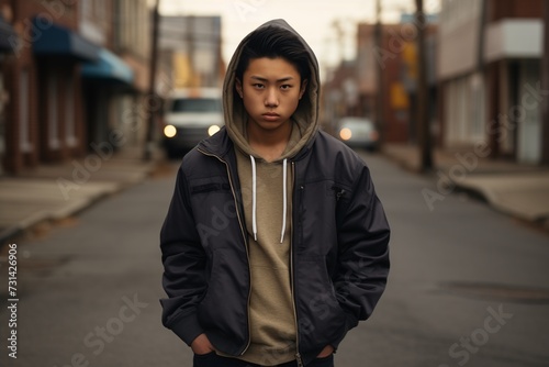 Young juvenile delinquent teenager boy in city serious face