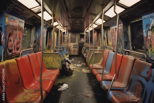 Empty subway train full of graffiti  photo