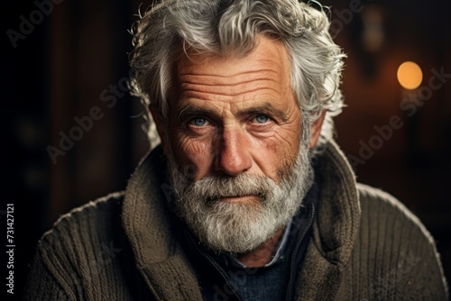 An aged gentleman with a gray beard, lean body, evoking stories of the past in a beautifully rustic town setting