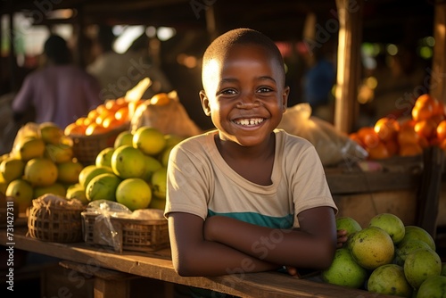 The Infectious Smile of a Young African Boy with a Shaved Head  Illuminating His Local Marketplace with Pure Joy