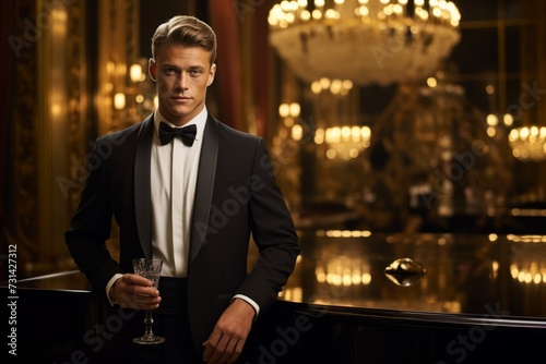 Classy Man Wearing a Black Dress Shirt with Crystal Buttons, Holding Wine in a Luxurious Setting