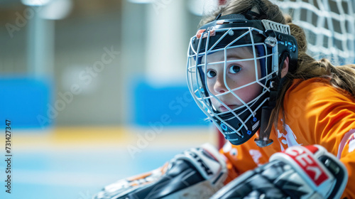 Young indoor soccer goalkeeper in a crouched position, focused on the incoming play. photo