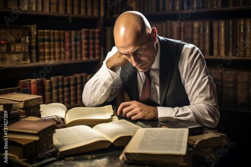A bald, middle-aged man in a tasteful tie, sits focused amidst a rustic office setting, with sunlight casting a warm glow on his piles of books and artefacts photo