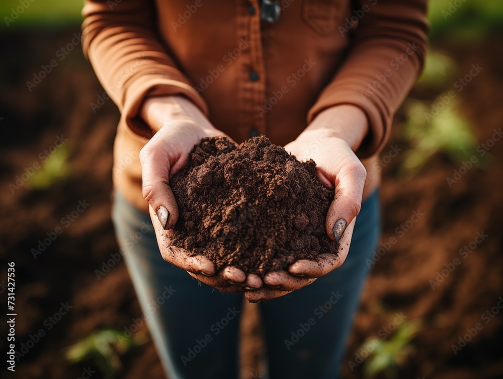 Women's hands hold the soil in the field, agronomy, agriculture, agronomist. Generated by AI