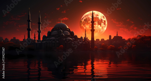 sunset in the background mosque and a moon