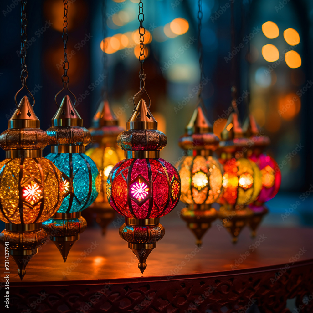 Ramadan card with many colorful Arabic lamps and space for text or logo, Ramadan Kareem, generative AI